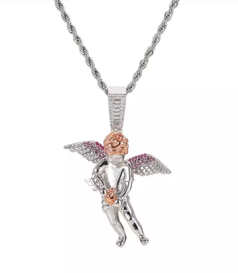 Bling Iced Out Cupid Cubic  Mens Gold Plated Angel Pendant