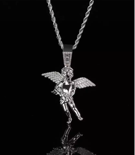 Bling Iced Out Cupid Cubic  Mens Gold Plated Angel Pendant