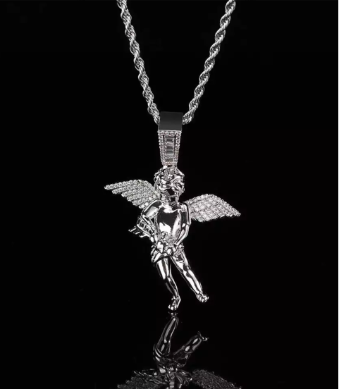 Bling Iced Out Cupid Cubic  Mens Gold Plated Angel Pendant