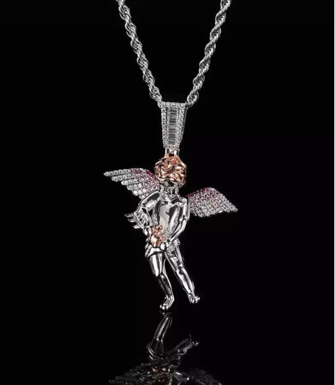 Bling Iced Out Cupid Cubic  Mens Gold Plated Angel Pendant