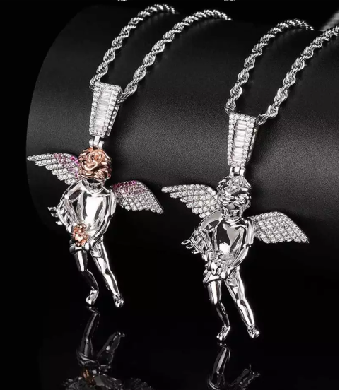 Bling Iced Out Cupid Cubic  Mens Gold Plated Angel Pendant