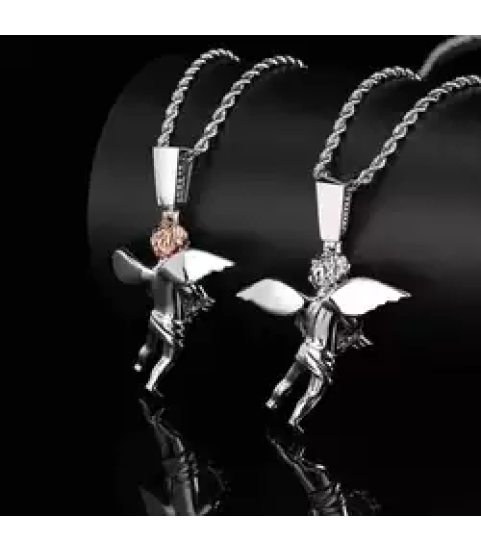 Bling Iced Out Cupid Cubic  Mens Gold Plated Angel Pendant