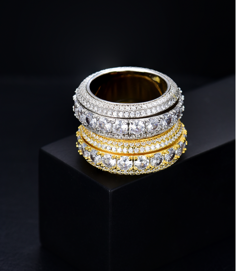 luxury gold plated full studded cz diamond rotating ring
