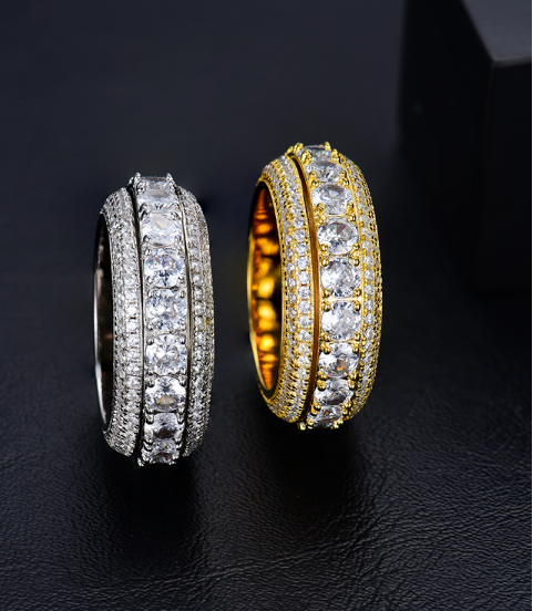 luxury gold plated full studded cz diamond rotating ring